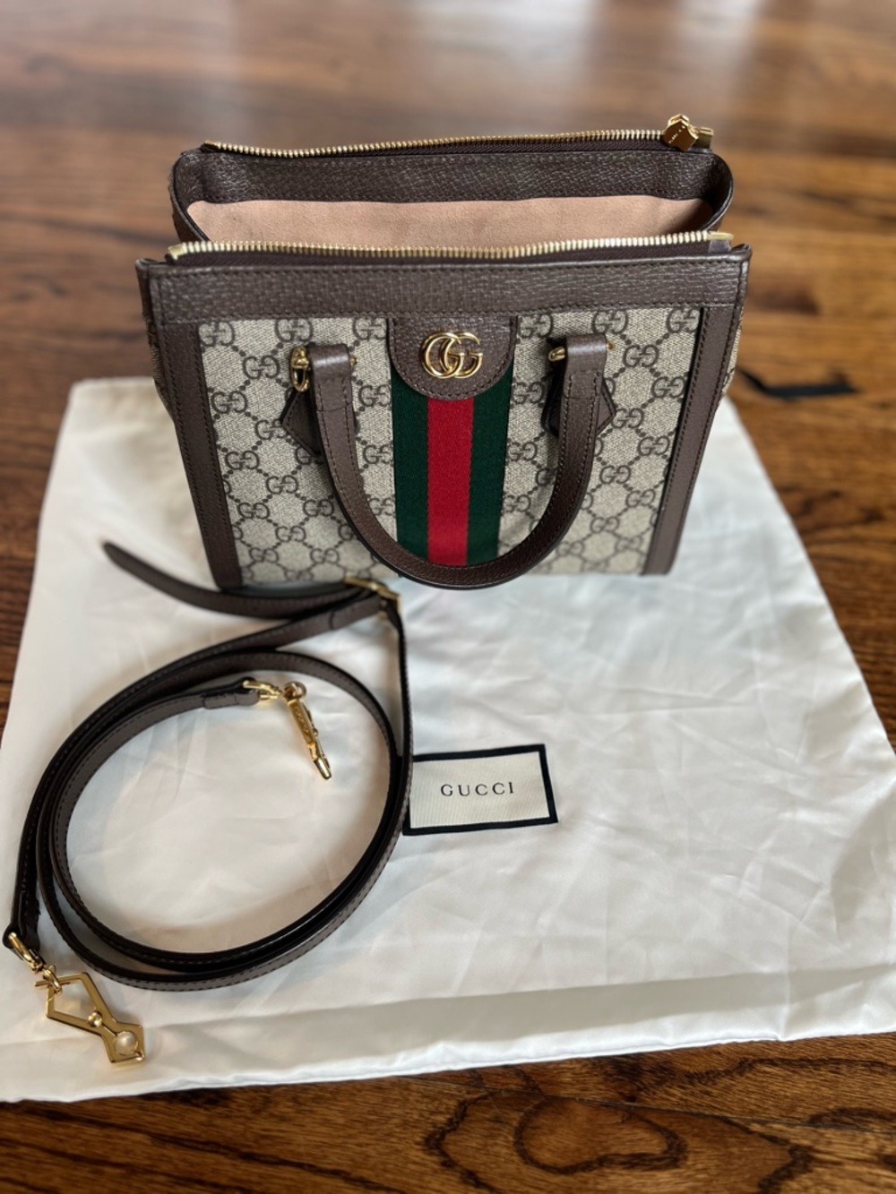 Gucci Convertible Brown GG Supreme Canvas Satchel with Green-Red Web Stripe - Picture 4 of 14